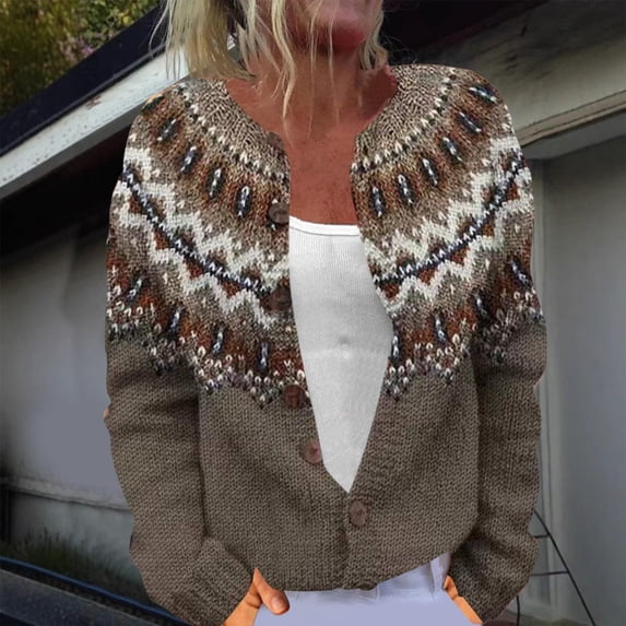 Trendfront Womens Nordic Pattern Cardigan Sweater Long Sleeve Button Front Knit Jacket Color Block Design Casual Cozy Layering Outerwear