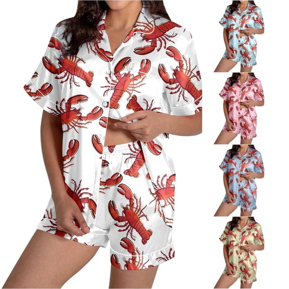 Trendfront Womens Notch Collar Short Sleeve 2-Piece Pajama Set Crawfish Print Button-Front Top and Shorts Sleepwear