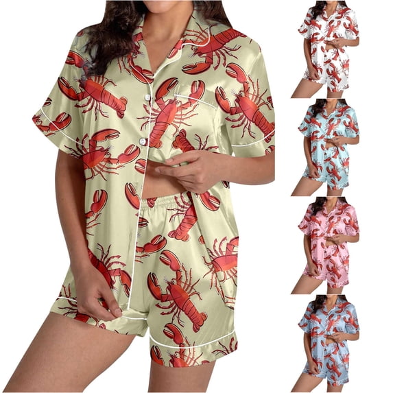 Trendfront Womens Notch Collar Short Sleeve 2-Piece Pajama Set Crawfish Print Button-Front Top and Shorts Sleepwear