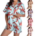 thumbnail image 1 of Trendfront Womens Notch Collar Short Sleeve 2-Piece Pajama Set Crawfish Print Button-Front Top and Shorts Sleepwear, 1 of 4