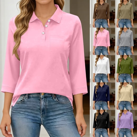 Trendfront Womens Notch Neck 3/4 Sleeve Tops Button Up Pocket Design Solid Color Tees Side Split Casual Fashion Style Apparel T-Shirts