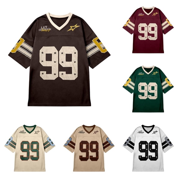 Trendfront Womens Number 99 Graphic Football V Neck Short Sleeve Oversized Fit Stripe Game Day Football Fan Match Day Athletic Sports Top