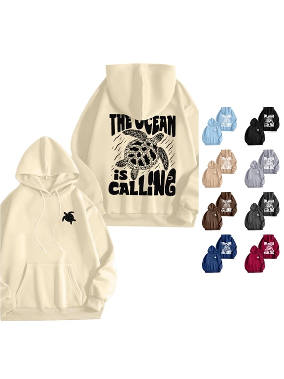Womens Ocean Graphic Pullover Hoodie Sea Turtle Print Long Sleeve Front And Back Coastal Design Drawstring Hood Kangaroo Pocket Casual Sweatshirt