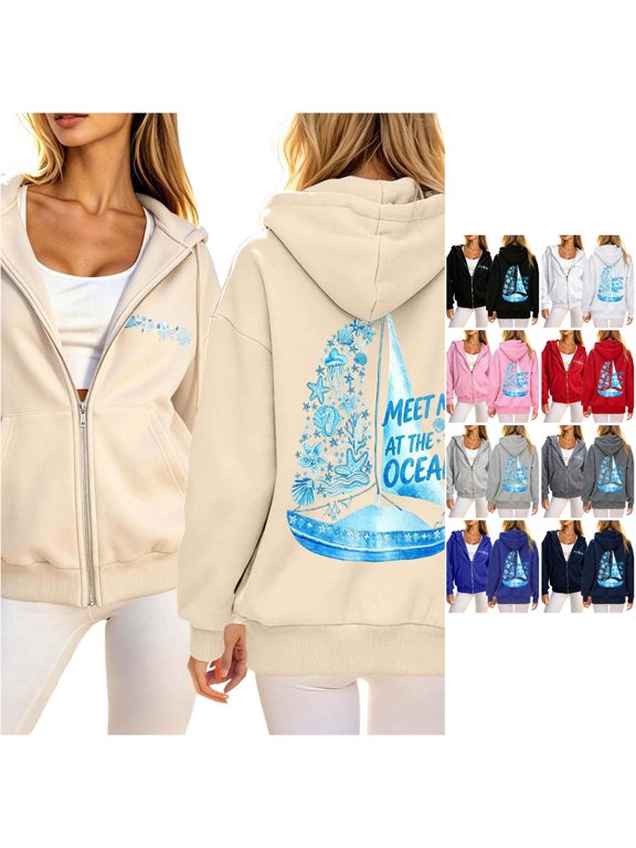 Womens Ocean Graphic Zip Up Hoodies Drawstring Hood Long Sleeve Surfboard Back Print Side Pockets Casual Sweatshirts