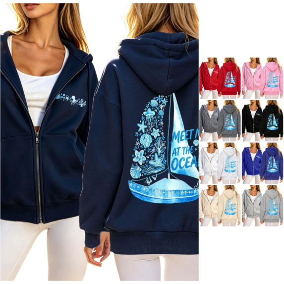 Trendfront Womens Ocean Graphic Zip Up Hoodies Drawstring Hood Long Sleeve Surfboard Back Print Side Pockets Casual Sweatshirts