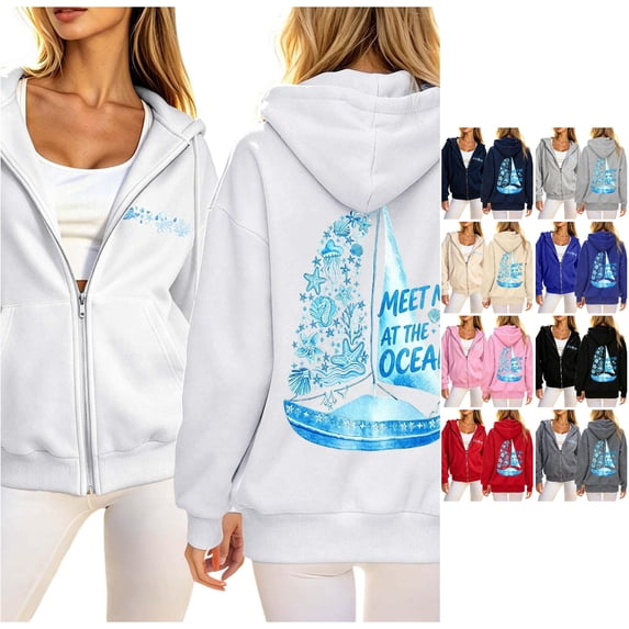 Trendfront Womens Ocean Graphic Zip Up Hoodies Drawstring Hood Long Sleeve Surfboard Back Print Side Pockets Casual Sweatshirts