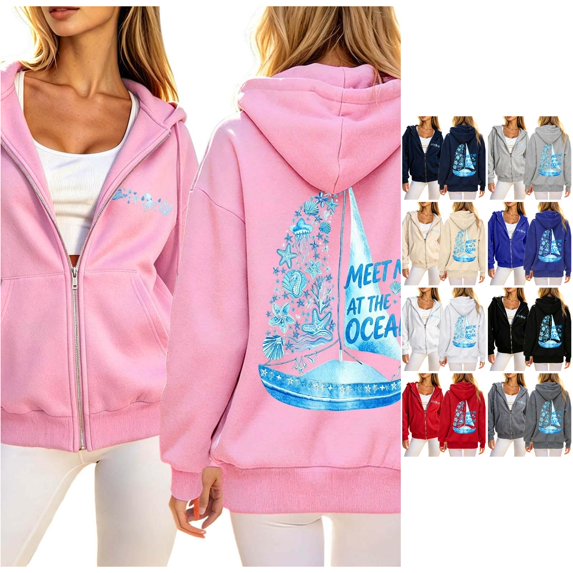 Trendfront Womens Ocean Graphic Zip Up Hoodies Drawstring Hood Long Sleeve Surfboard Back Print Side Pockets Casual Sweatshirts
