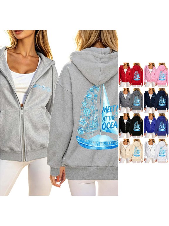 Womens Ocean Theme Graphic Zip Up Hoodie Long Sleeve Full Zip Sweatshirt Back Print With Side Pockets Sea Inspired Wear Hooded Jacket