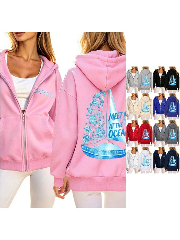 Womens Ocean Theme Graphic Zip Up Hoodie Long Sleeve Full Zip Sweatshirt Back Print With Side Pockets Sea Inspired Wear Hooded Jacket