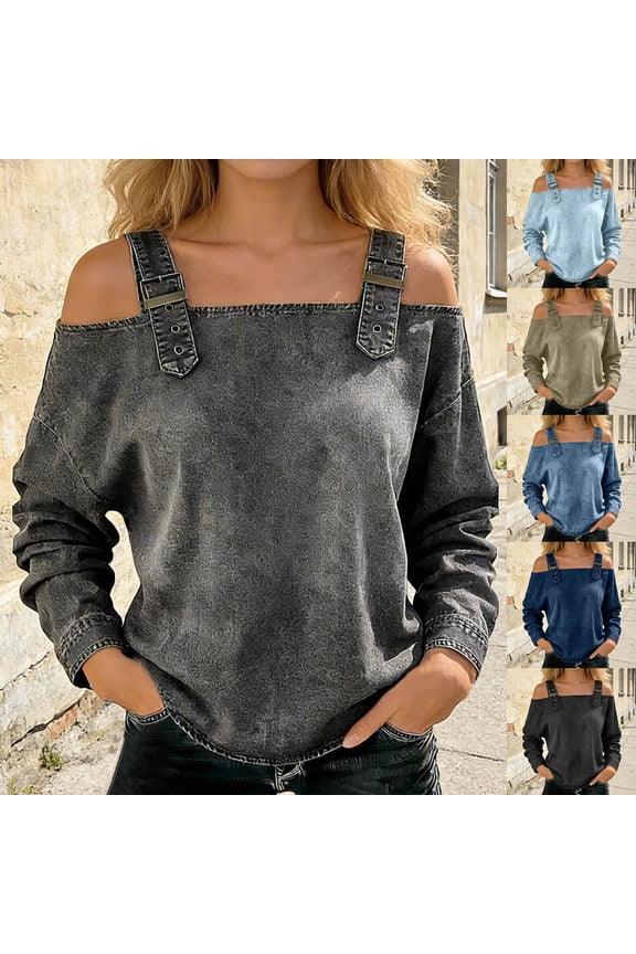 Womens Off Shoulder Blouse Long Sleeve Summer Casual Tops with Adjustable Strap Vintage Washed Tee Loose Fit Shirt​