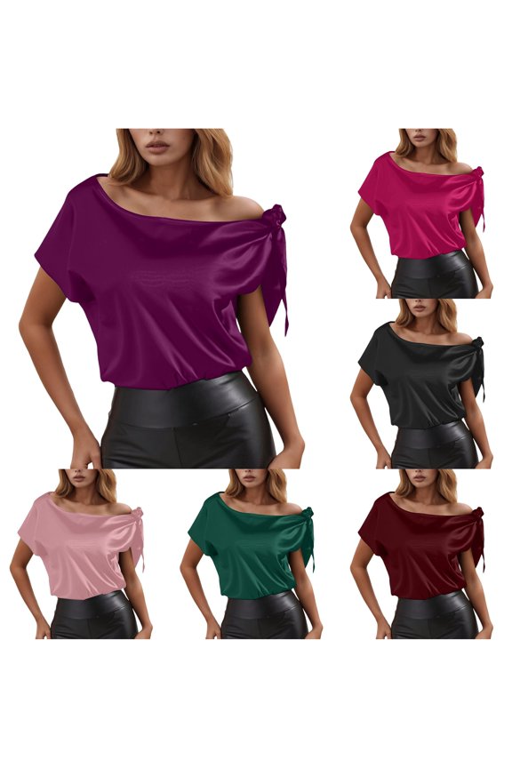 Womens Off Shoulder Blouses Elegant Casual Loose Fit Pullover Short Sleeve Bow Knot Asymmetrical Neck Summer Vacation Dressy Everyday Wear