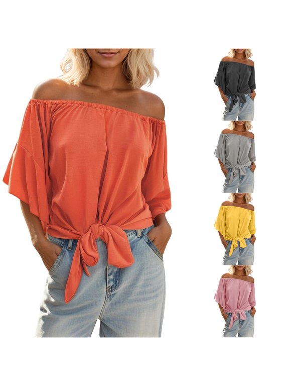 Womens Off Shoulder Blouses Tie Front Casual Loose Fit Flutter Short Sleeve Tee Summer Vacation Resort Wear Dressy Everyday Tops