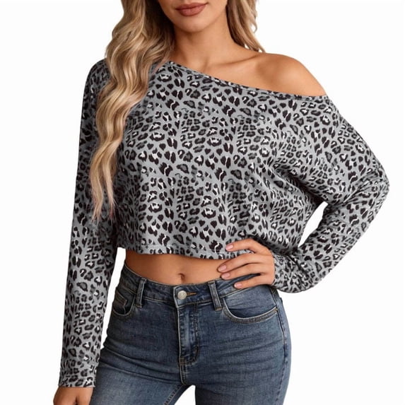 Trendfront Womens Off Shoulder Boat Neck Long Sleeve Tops Oversized Leopard Print Tees Animal Pattern Base Layering Style T-Shirts