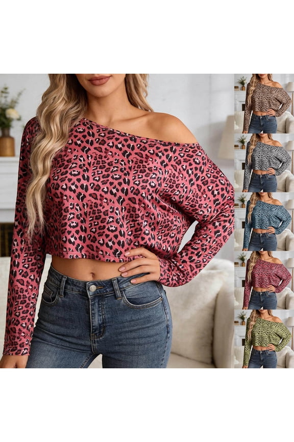 Womens Off Shoulder Boat Neck Long Sleeve Tops Oversized Leopard Print Tees Animal Pattern Base Layering Style T-Shirts