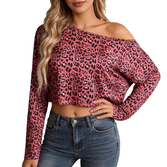 Trendfront Womens Off Shoulder Boat Neck Long Sleeve Tops Oversized Leopard Print Tees Animal Pattern Base Layering Style T-Shirts