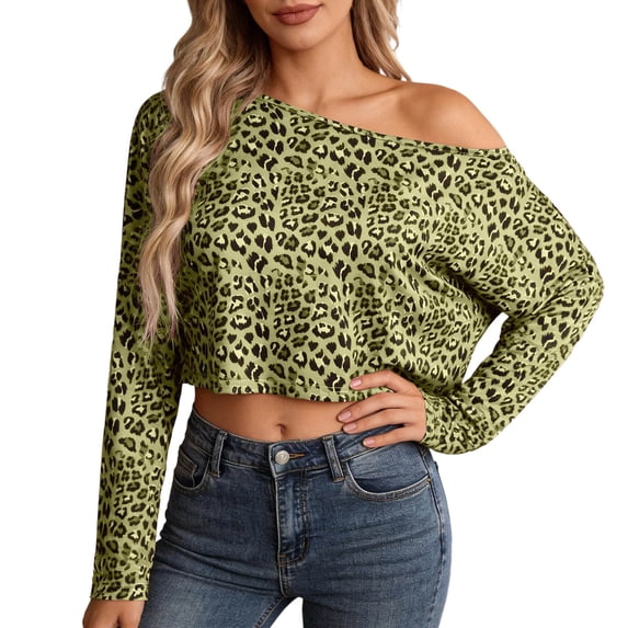 Trendfront Womens Off Shoulder Boat Neck Long Sleeve Tops Oversized Leopard Print Tees Animal Pattern Base Layering Style T-Shirts