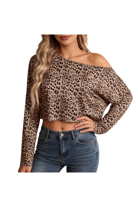 Womens Off Shoulder Boat Neck Long Sleeve Tops Oversized Leopard Print Tees Animal Pattern Base Layering Style T-Shirts