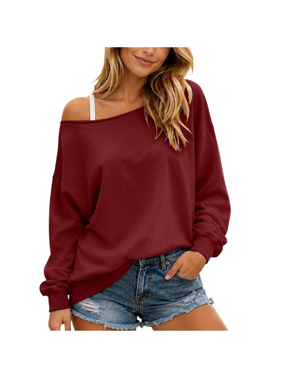Womens Off Shoulder Sweatshirt Solid Wide Neck Long Sleeve Slouchy Silhouette Pullover Ribbed Cuffs Relaxed Fit Casual Top