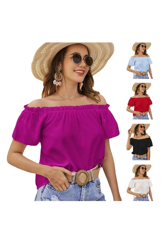 Womens Off Shoulder Tee Summer Fashion Short Sleeve T Shirts Charming Ruffle Trim Boho Loose Fit Elegant Pullover Tops Shirts