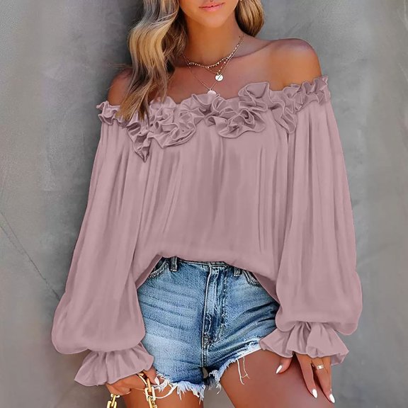 Trendfront Womens Off Shoulder Top Long Sleev Loose Fit Solid Casual Summer Spring Blouse Elegant Shirt Ladies Relaxed Fit Daily Clothing