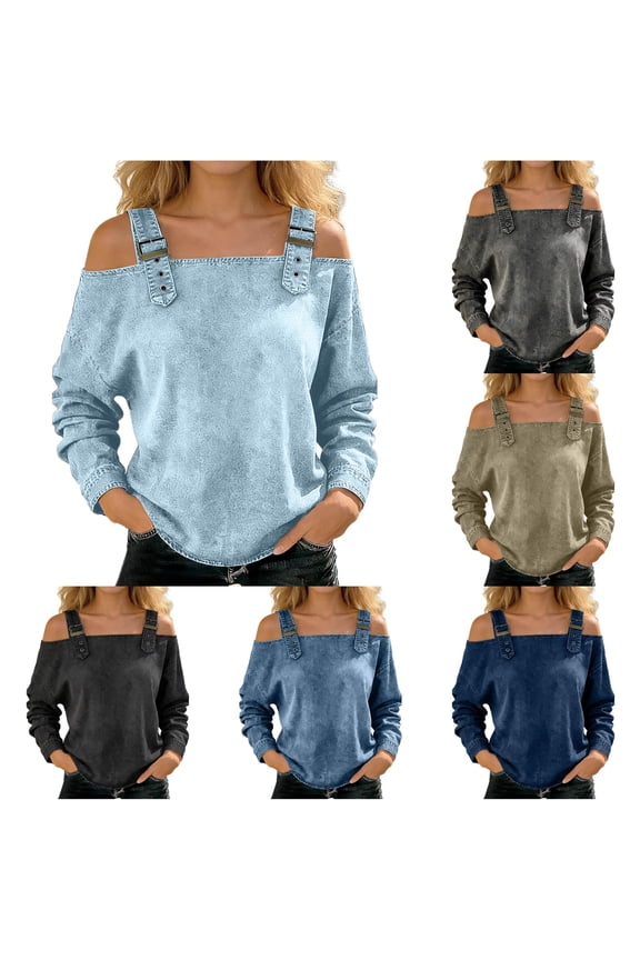 Womens Off Shoulder Tops Adjustable Metal Buckle Straps Long Sleeve Tee Ruched Pleated Slouchy Pullover Casual Solid T-Shirts