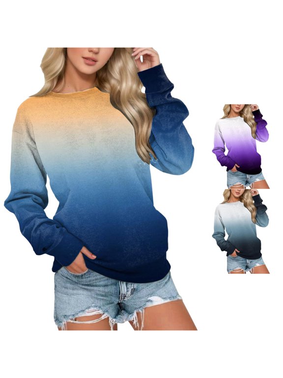 Womens Ombre Color Block Print Sweatshirt Long Sleeve Crewneck Gradient Design Classic Casual Pullover Top Everyday Wear