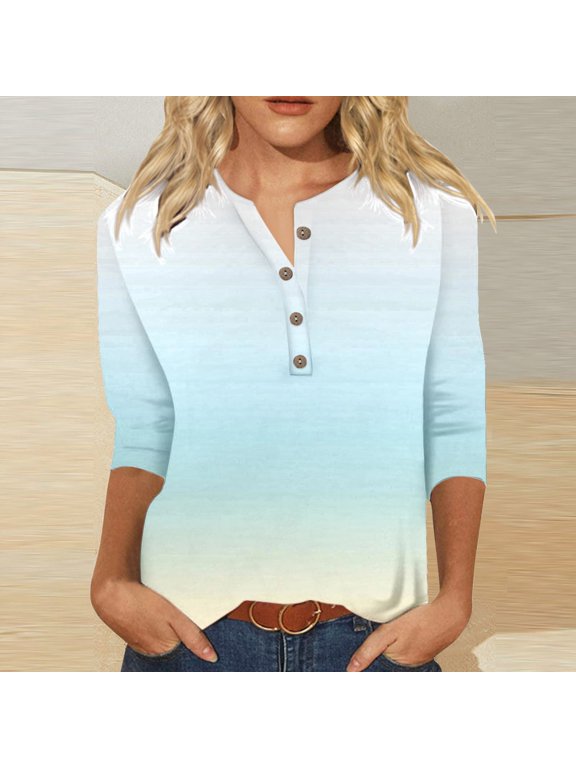 Womens Ombre Gradient Blouses Henley V Neck 3/4 Sleeve Button Front Casual Summer Loose Fit Tunic Tops
