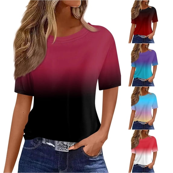 Trendfront Womens Ombre T Shirts Crewneck Short Sleeve Two Tone Gradient Print Casual Summer Tee Tops Warm Weather Wear