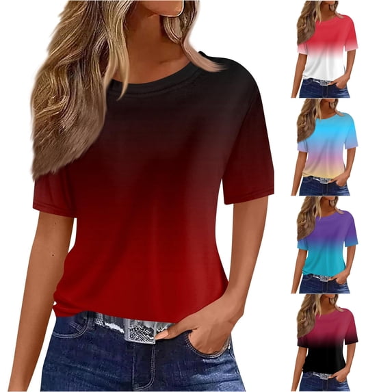 Trendfront Womens Ombre T Shirts Crewneck Short Sleeve Two Tone Gradient Print Casual Summer Tee Tops Warm Weather Wear
