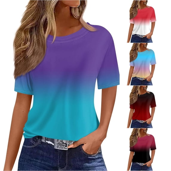 Trendfront Womens Ombre T Shirts Crewneck Short Sleeve Two Tone Gradient Print Casual Summer Tee Tops Warm Weather Wear