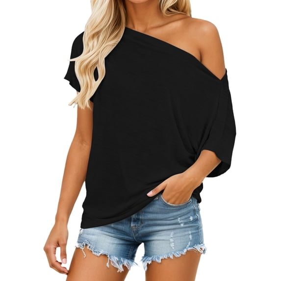 Trendfront Womens One Shoulder T Shirts Short Sleeve Oversized Tee Loose Fit Casual Slouchy Off Shoulder Summer Tops