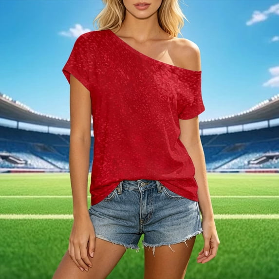 Trendfront Womens One Shoulder T Shirts Short Sleeve Solid Color Loose Fit Casual Summer Everyday Basic Fashion Tee Tops