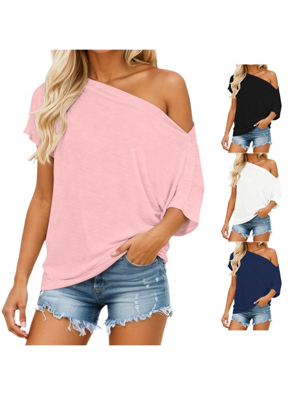 Womens One Shoulder Tops Solid Color Short Sleeve Asymmetric Neck Casual Loose Fit Summer Blouses Trendy Going Out Shirts