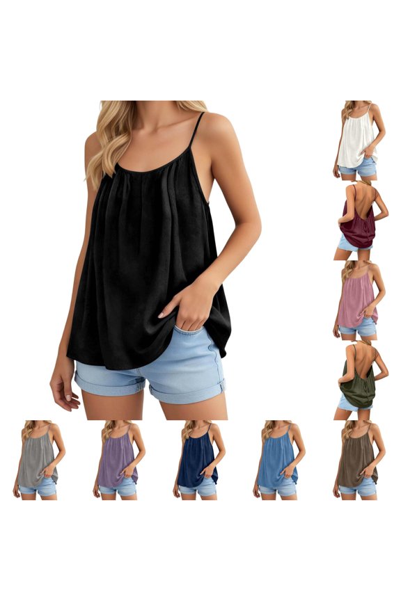 Womens Open Back Cami Tops Scoop Neck Spaghetti Strap Backless Low Back Tie Flowy Loose Fit Solid Color Sleeveless Beach Vacation Going Out Shirts