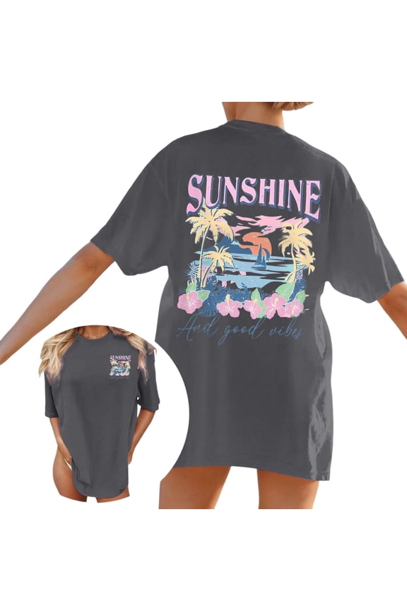 Womens Oversized Graphic T Shirts Tropical Beach Sunshine Back Print Top Casual Loose Fit Short Sleeve Tee Outfits