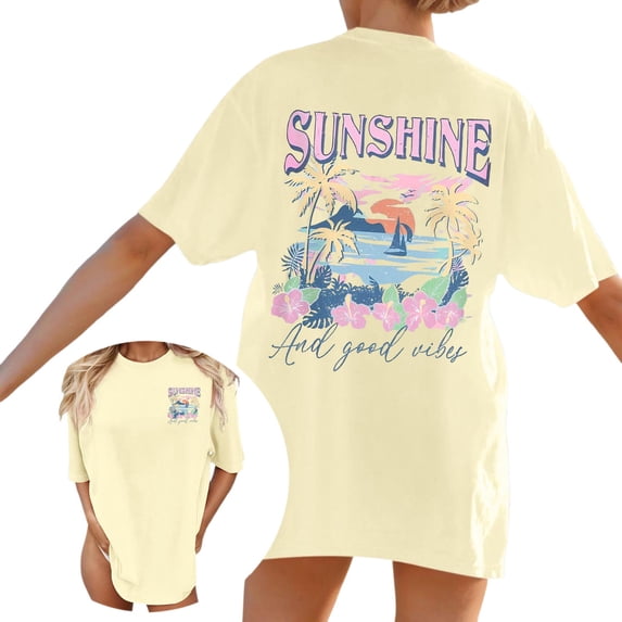 Trendfront Womens Oversized Graphic T Shirts Tropical Beach Sunshine Back Print Top Casual Loose Fit Short Sleeve Tee Outfits