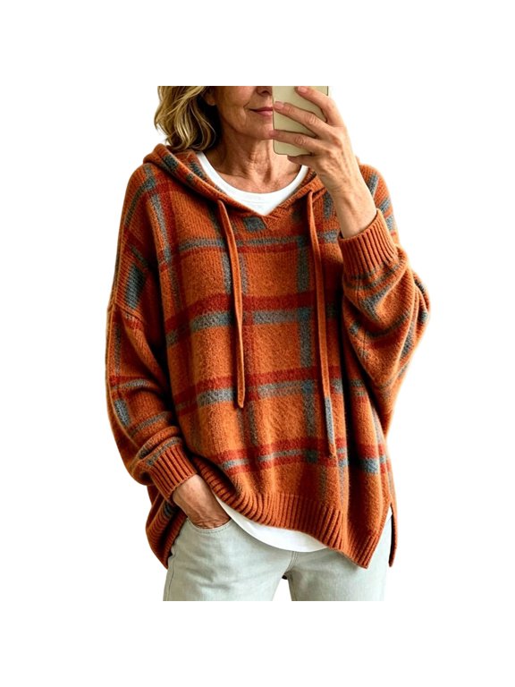 Womens Oversized Hoodies Plaid Drawstring Neck Long Sleeve Sweater Drop Shoulder Ribbed Relaxed Casual Pullover Top
