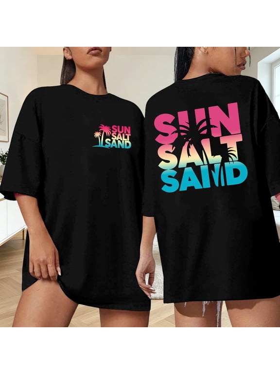 Womens Oversized T Shirts Sun Salt Sand Palm Tree Graphic Tee Crewneck Short Sleeve Retro Neon Gradient Letter Print Boyfriend Style Tops