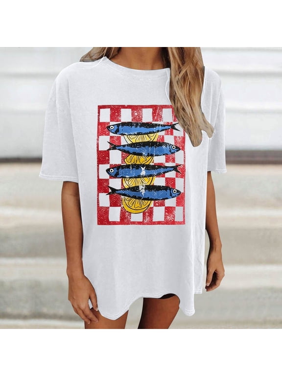 Womens Oversized Tee Crewneck Drop Shoulder Beach Surf Style Graphic T Shirts Short Sleeve Summer Loose Fit Casual Vacation Top
