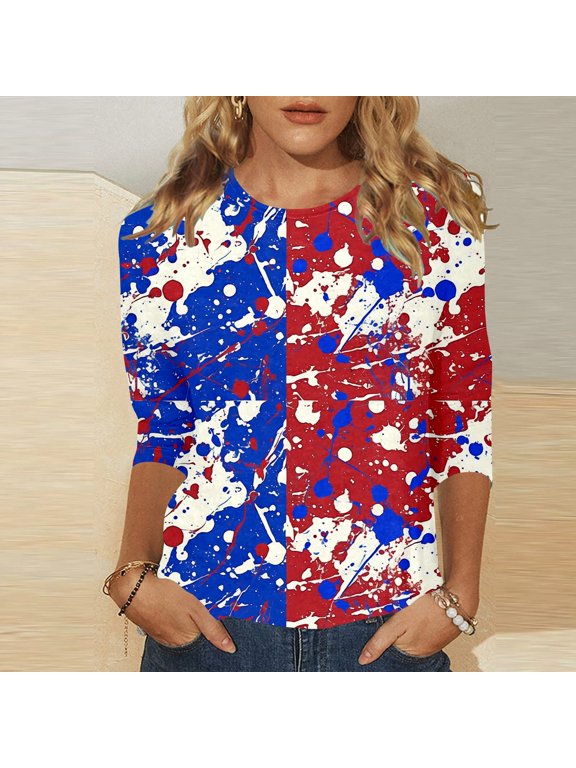 Womens Paint Splatter Tops 4th of July Independence Day Ink Splash Crewneck Full Print T-Shirt 3/4 Sleeve Casual Tee for Women