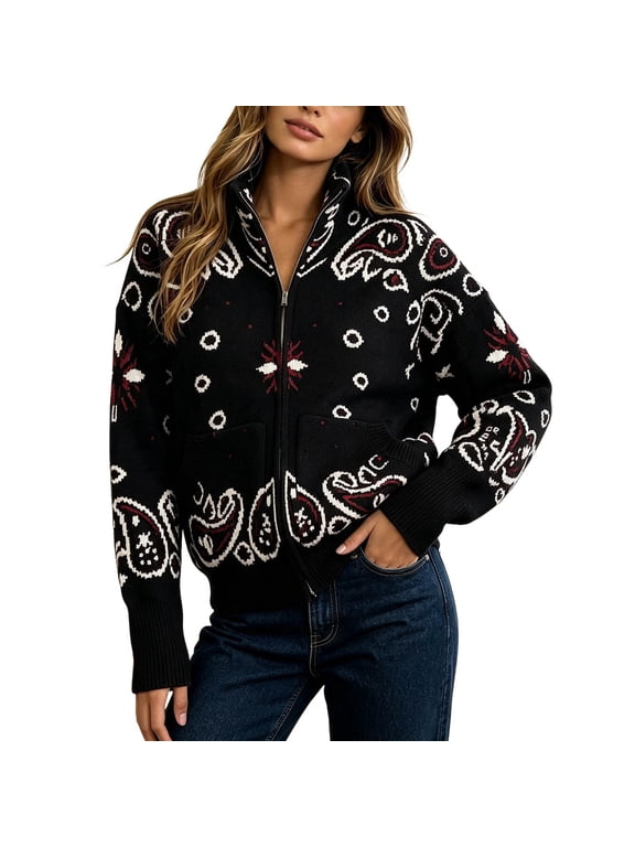 Womens Paisley Jacket Floral Pattern Stand Collar Full Zip Sweater Long Sleeve Ribbed Trim Relaxed Fit Casual Cardigan