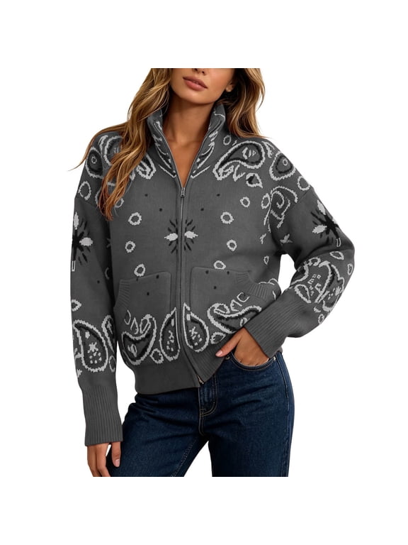Womens Paisley Jacket Floral Pattern Stand Collar Full Zip Sweater Long Sleeve Ribbed Trim Relaxed Fit Casual Cardigan