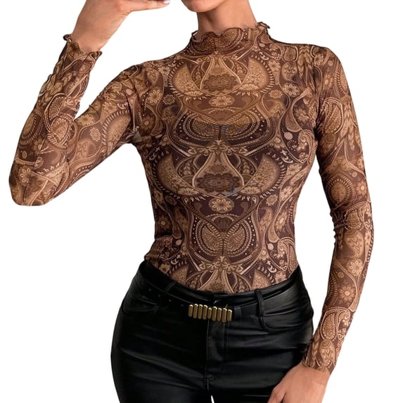 Trendfront Womens Paisley Print Mesh Bodysuit Mock Neck Long Sleeve Sheer Fitted Style Dressy Party Night Out Tops For Everyday Wear