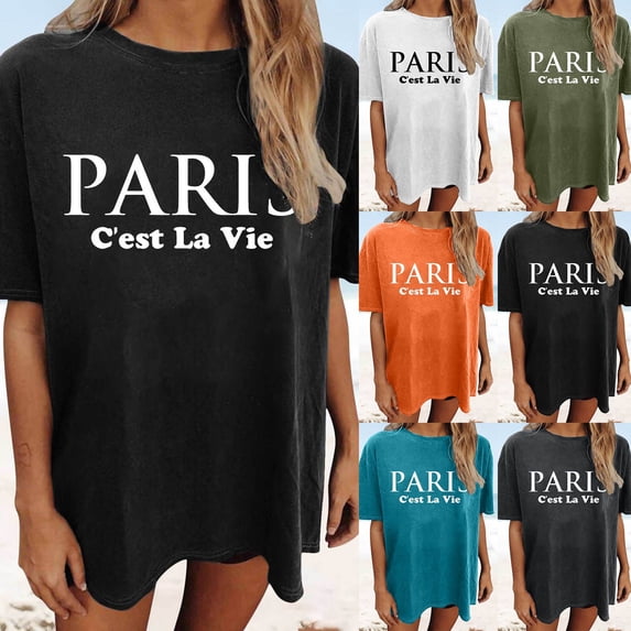Trendfront Womens Paris Letter Graphic Oversized T Shirts Crewneck Drop Shoulder Tops Trendy Fashion Tee Relaxed Pullover Streetwear