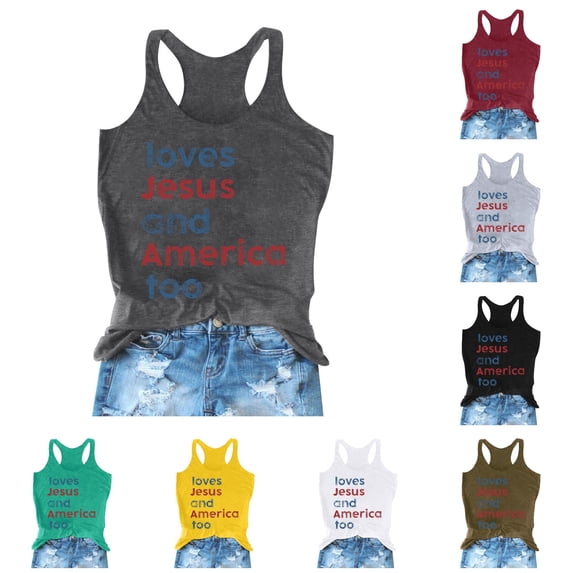 Trendfront Womens Patriotic Crewneck Tank Top Racerback Sleeveless Loves Jesus And America Too Graphic Print Casual Summer Top