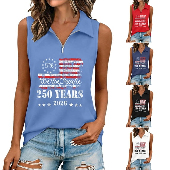 Trendfront Womens Patriotic Quarter Zip Tops Sleeveless Collared We The People Graphic American Flag 4th Of July 250th Anniversary Golf Shirt