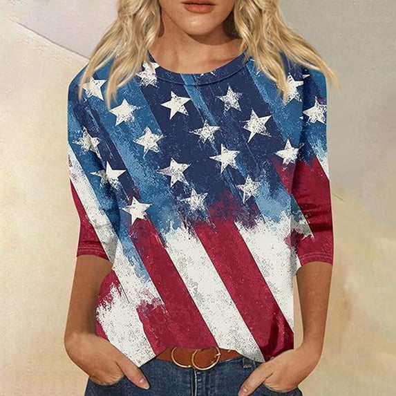Trendfront Womens Patriotic T Shirts Crewneck 3/4 Sleeve Distressed American Flag Stars Stripes Graphic 4th Of July 250th Anniversary Tee Tops