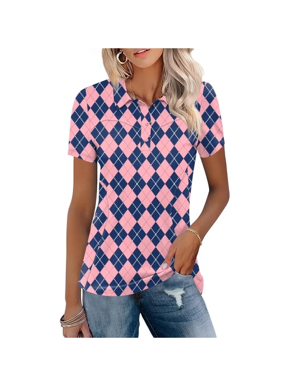Womens Performance Polo Shirts Short Sleeve Button Up Collar Classic Argyle Plaid Blouse Vintage Preppy Diamond Grid Pattern Resort Wear Tee