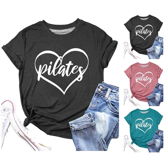 Trendfront Womens Pilates Heart Graphic Print Tops Classic Workout Lover Pullover Clothes Summer Fashion Crewneck T Shirts Short Sleeve Tee