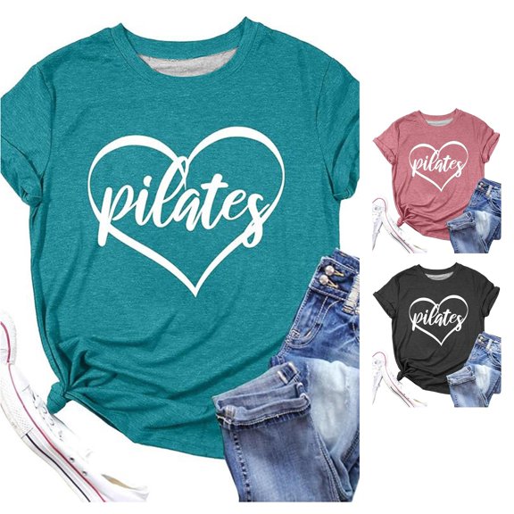 Trendfront Womens Pilates Heart Graphic Print Tops Summer Fashion Crewneck T-Shirts Short Sleeve Tee Classic Workout Lover Pullover Clothes